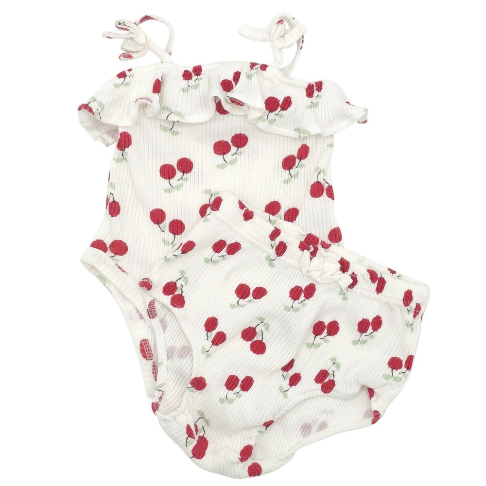 Rachel Zoe Bodysuit Bloomer Set Kids White Cherry Print Ribbed 6-9M